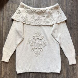 Vintage Silk Angora Embroidered Beaded Off The Shoulder Sweater Size S Coquette